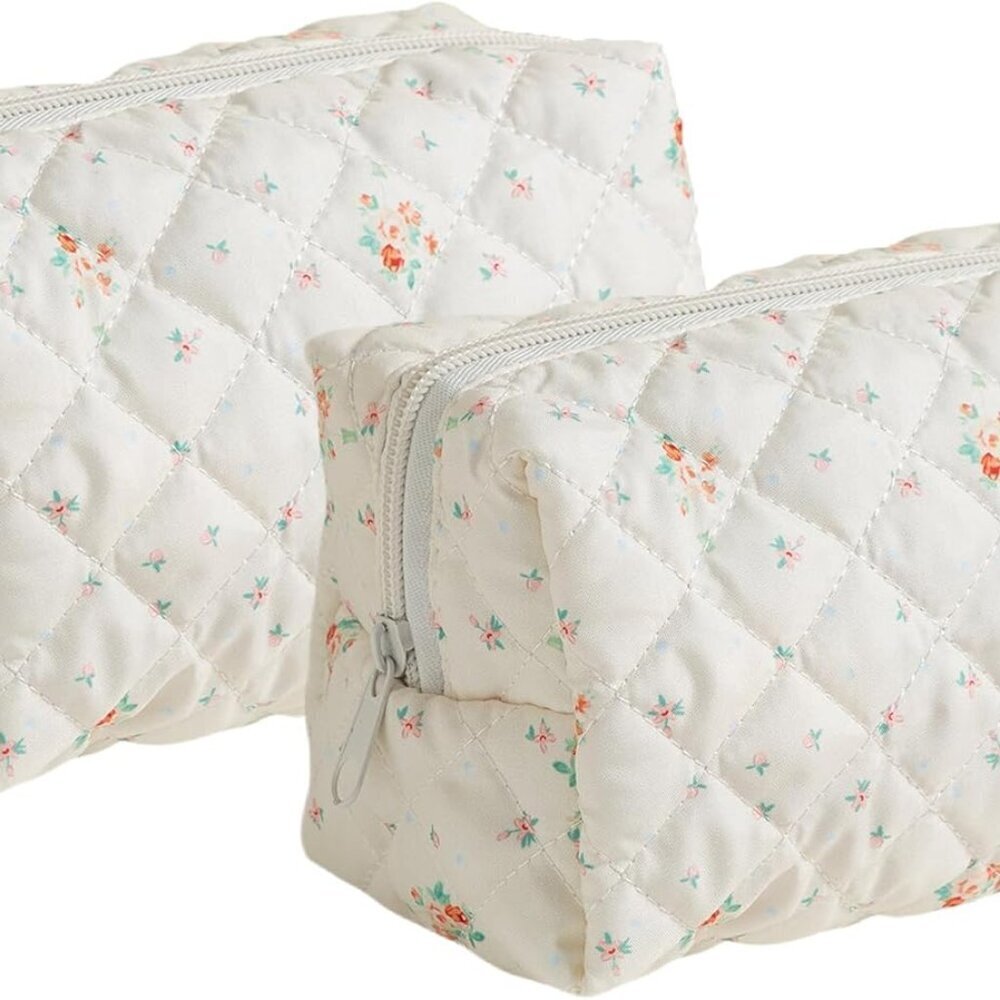 Makeup Bag, Quilted Makeup Bag,Small Floral Cosmetic Bag for Women,Cotton Makeup